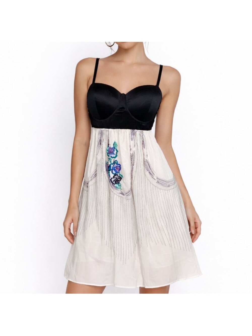 Y2K Guess Silk Blend Embellished Beaded Embroidered Floral Strapless Dress